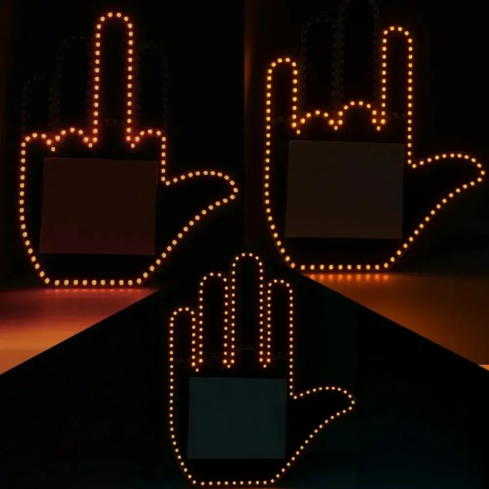 Middle finger, rock on and wave signs