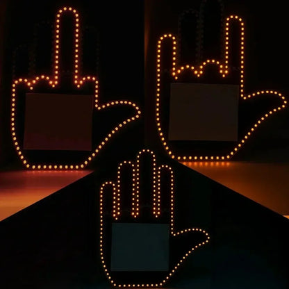 Middle finger, rock on and wave signs